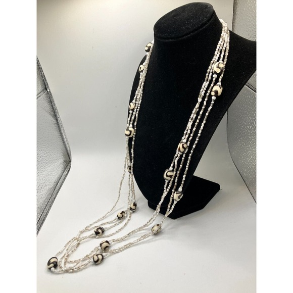 Black and White Pattern Beads & Seed Beads 4 Strand 33 3/8 Inch Necklace! - Picture 5 of 8
